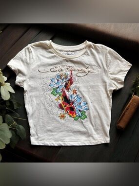 Ed Hardy Cream Koi Fish Graphic Tee | Size S | Floral Tattoo Style